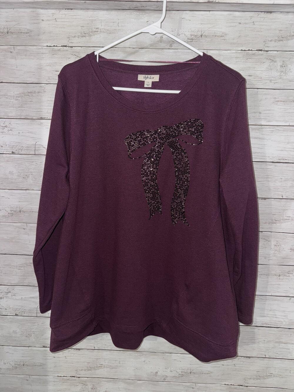 Style&Co Womens Maroon Shirt Sequin Ribbon Long Sleeve Scoop Neck Size Large EUC